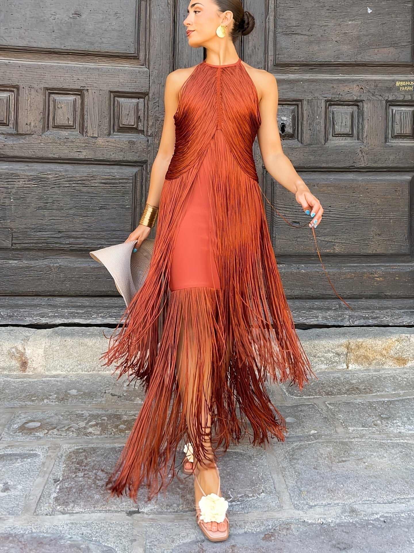 Vestido de Fiesta Largo con Flecos Mujer Cuello Halter
